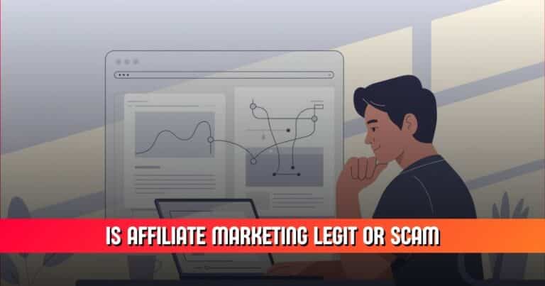 A clean, modern illustration showing a beginner working on a laptop at a desk, thinking is affiliate marketing legit or a scam.